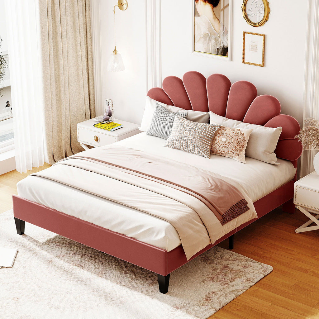Upholstered Platform Bed With Flower Pattern Headboard