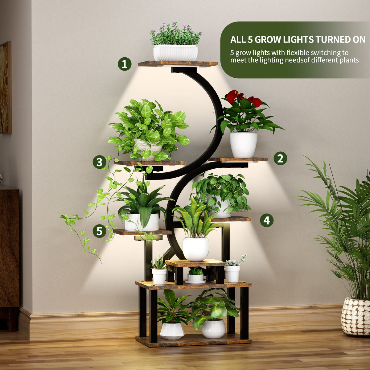 8 Tier Indoor Plant Stand With 5 Grow Lights - Rustic Brown