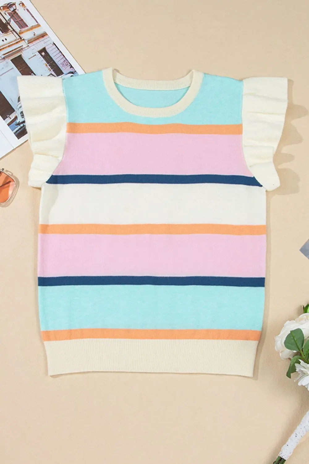 Color Block Round Neck Cap Sleeve Knit Top
