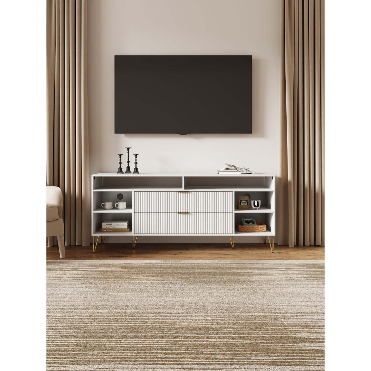 Fluted TV Stand with Storage and Metal Legs - Multiple Colors