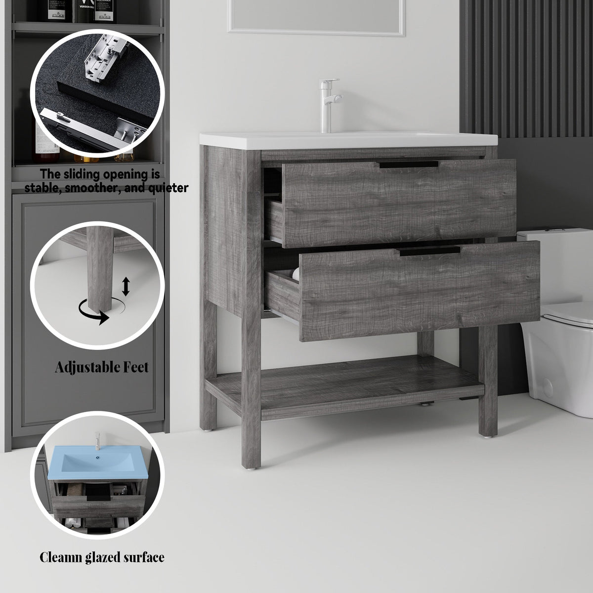 36 Inch Freestanding Bathroom Vanity with Ceramic Sink and Soft-Close Drawer - Grey