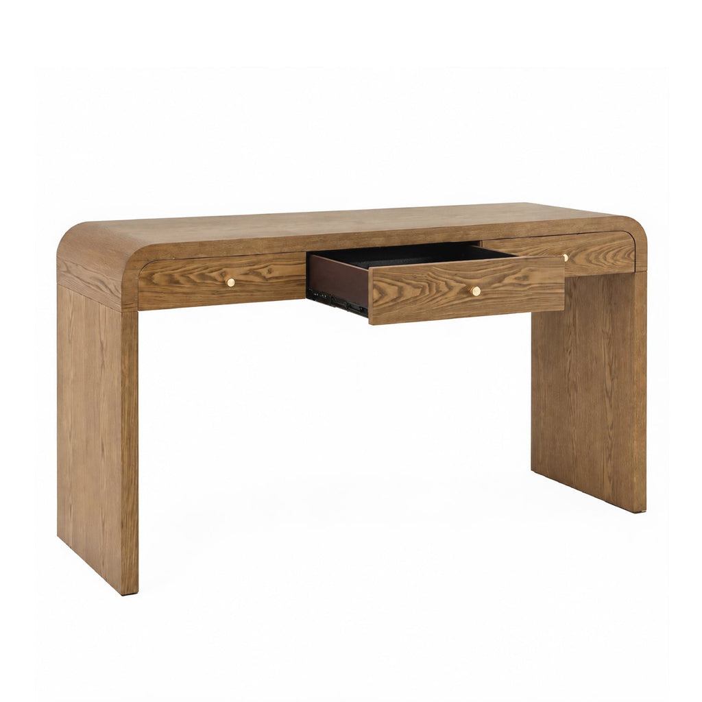 Walnut Curved Design 3-Drawer Long Console Table with Ample Storage - Walnut