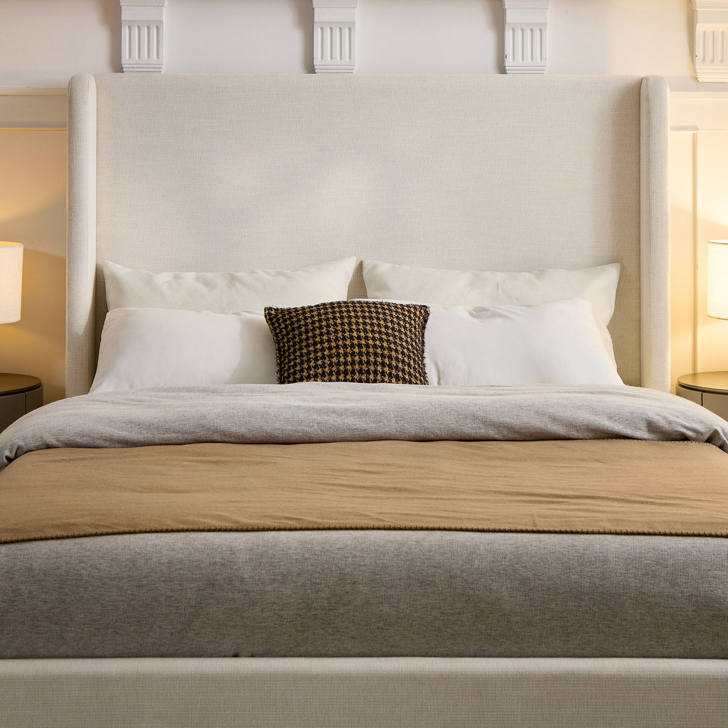 Minimalist Upholstered Wingback Bed Frame with High Headboard - Beige