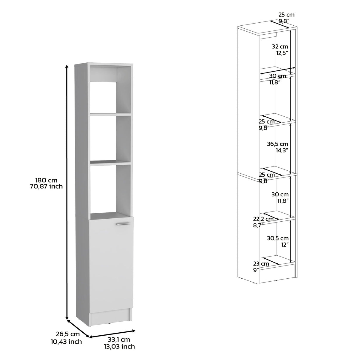 White Linen Cabinet with Adjustable Shelves - 1 Door, 6 Shelves