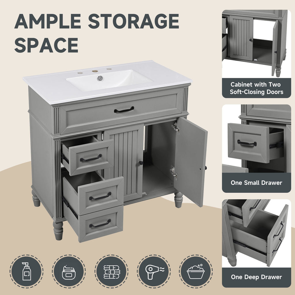 Bathroom Vanity With Sink and Drawers - Freestanding Solid Wood Cabinet