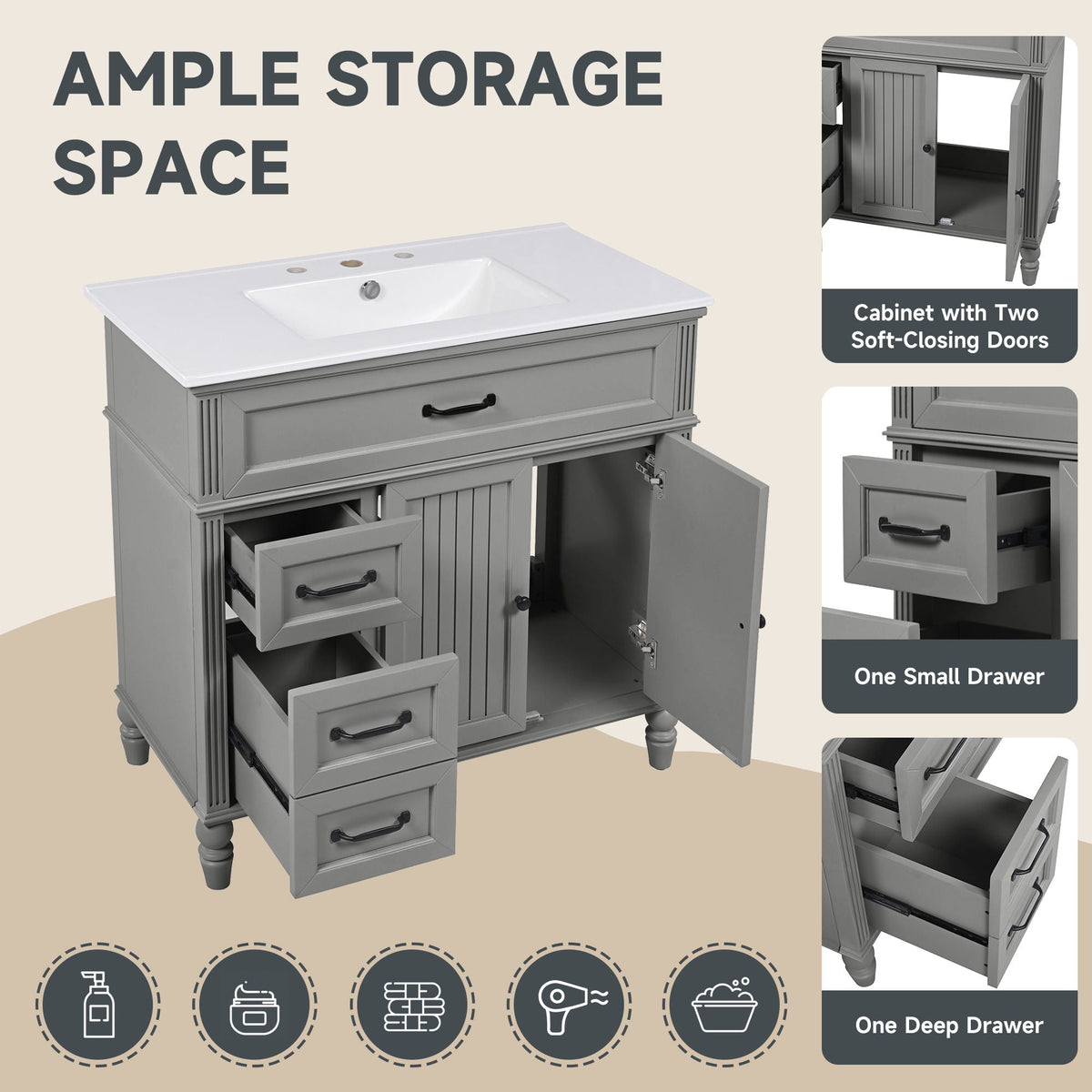 Bathroom Vanity With Sink and Drawers - Freestanding Solid Wood Cabinet