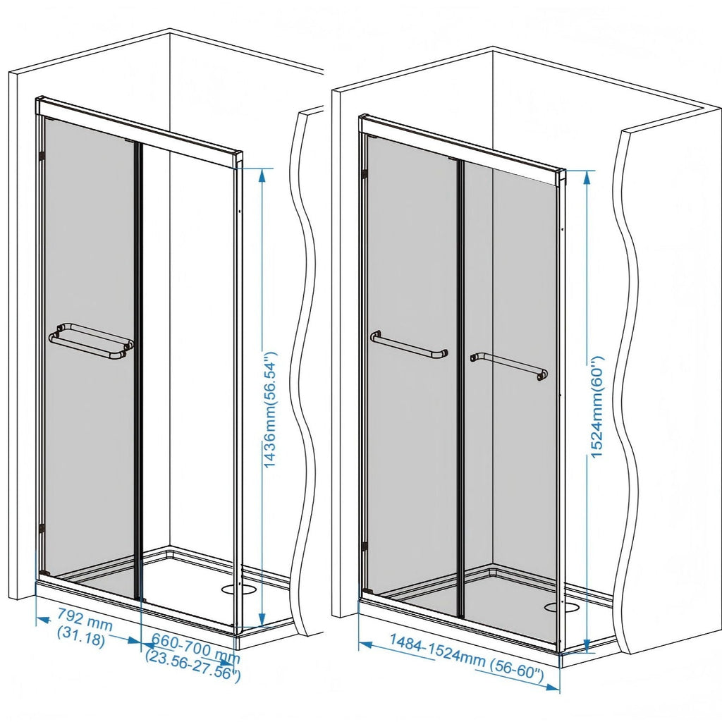 Double Sliding Shower Door with Explosion Proof Film - Black, Gray, or Dark Gray