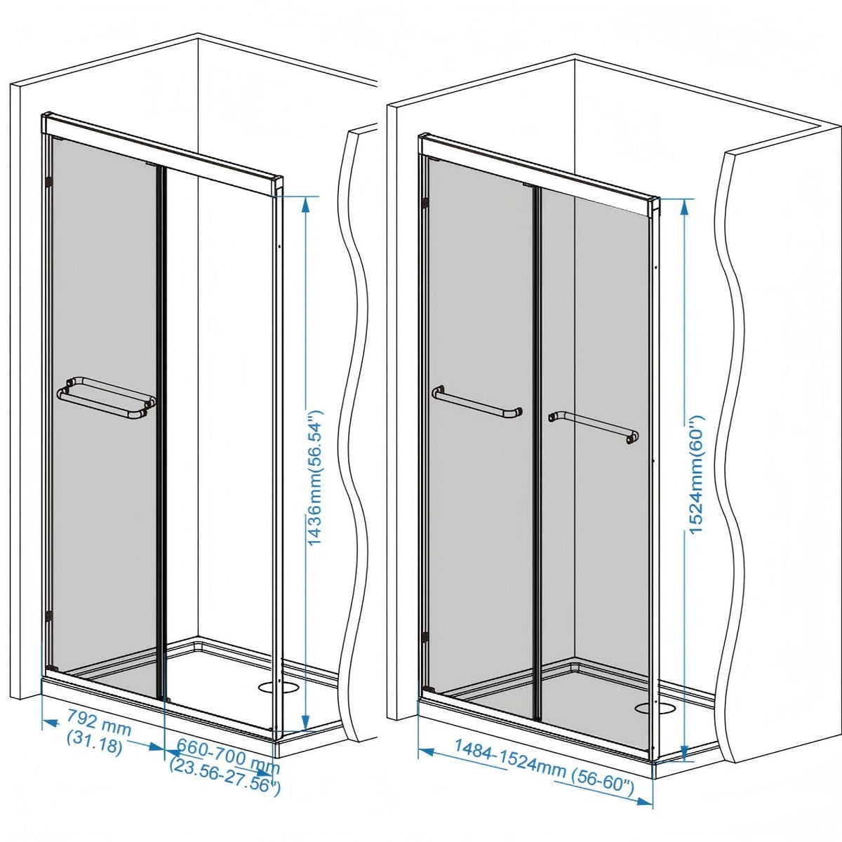 Double Sliding Shower Door with Explosion Proof Film - Black, Gray, or Dark Gray