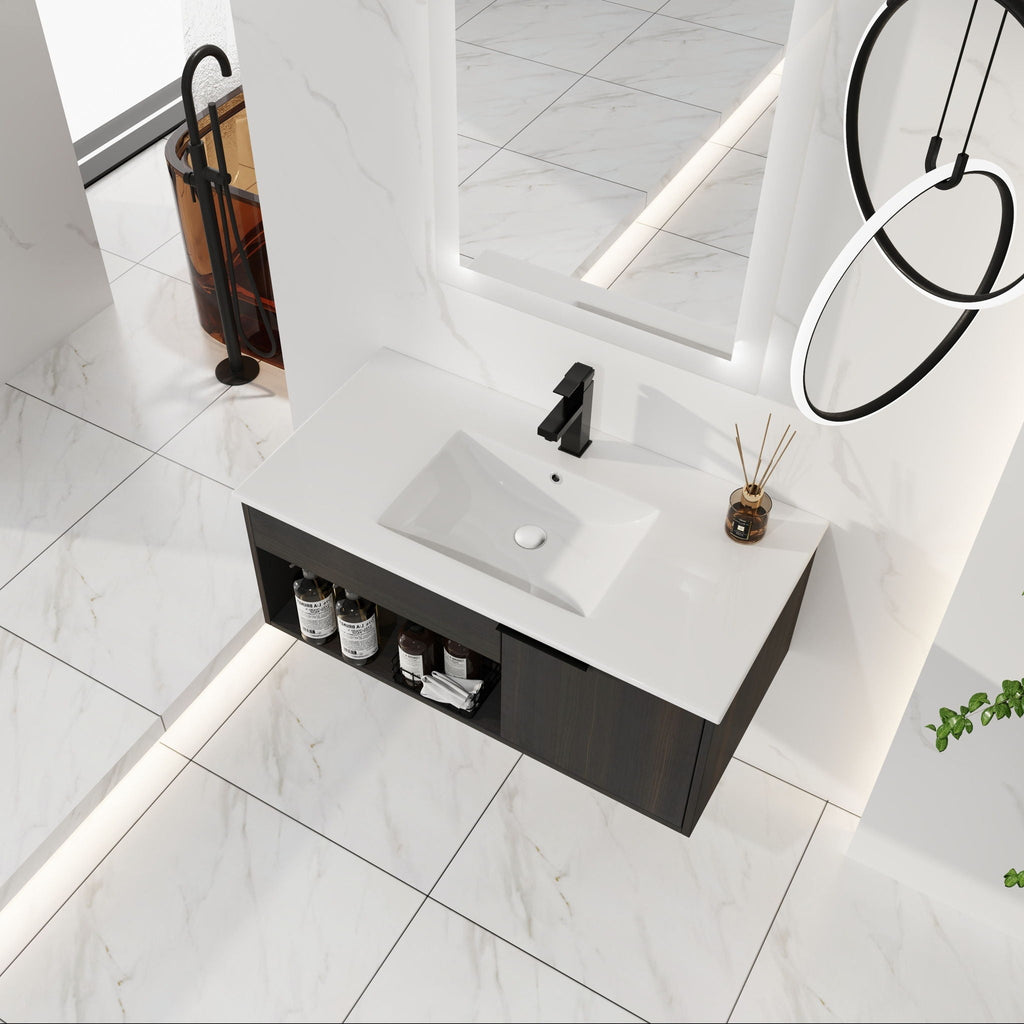 Wall Mounted Floating Bathroom Vanity with Open Shelf & Soft Close Door - Dark Brown
