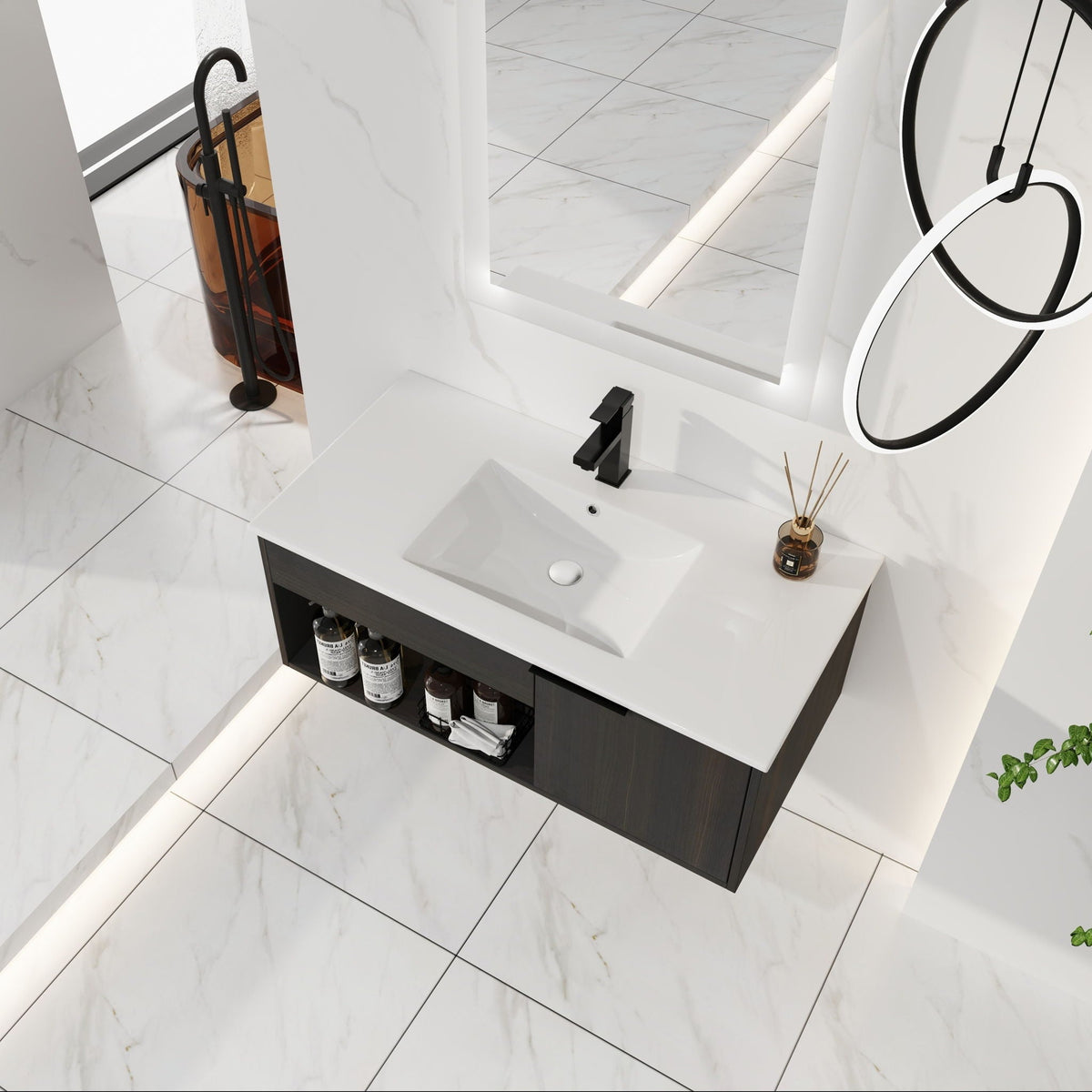 Wall Mounted Floating Bathroom Vanity with Open Shelf & Soft Close Door - Dark Brown
