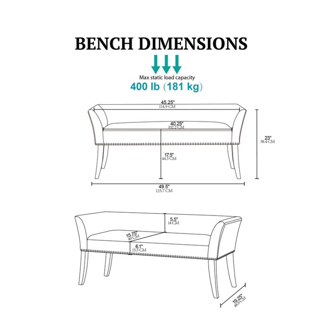 Welburn Upholstered Bench with Low Back and Flared Arms - Blue, Light Blue, or Beige