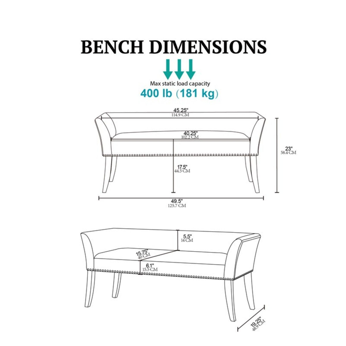 Welburn Upholstered Bench with Low Back and Flared Arms - Blue, Light Blue, or Beige