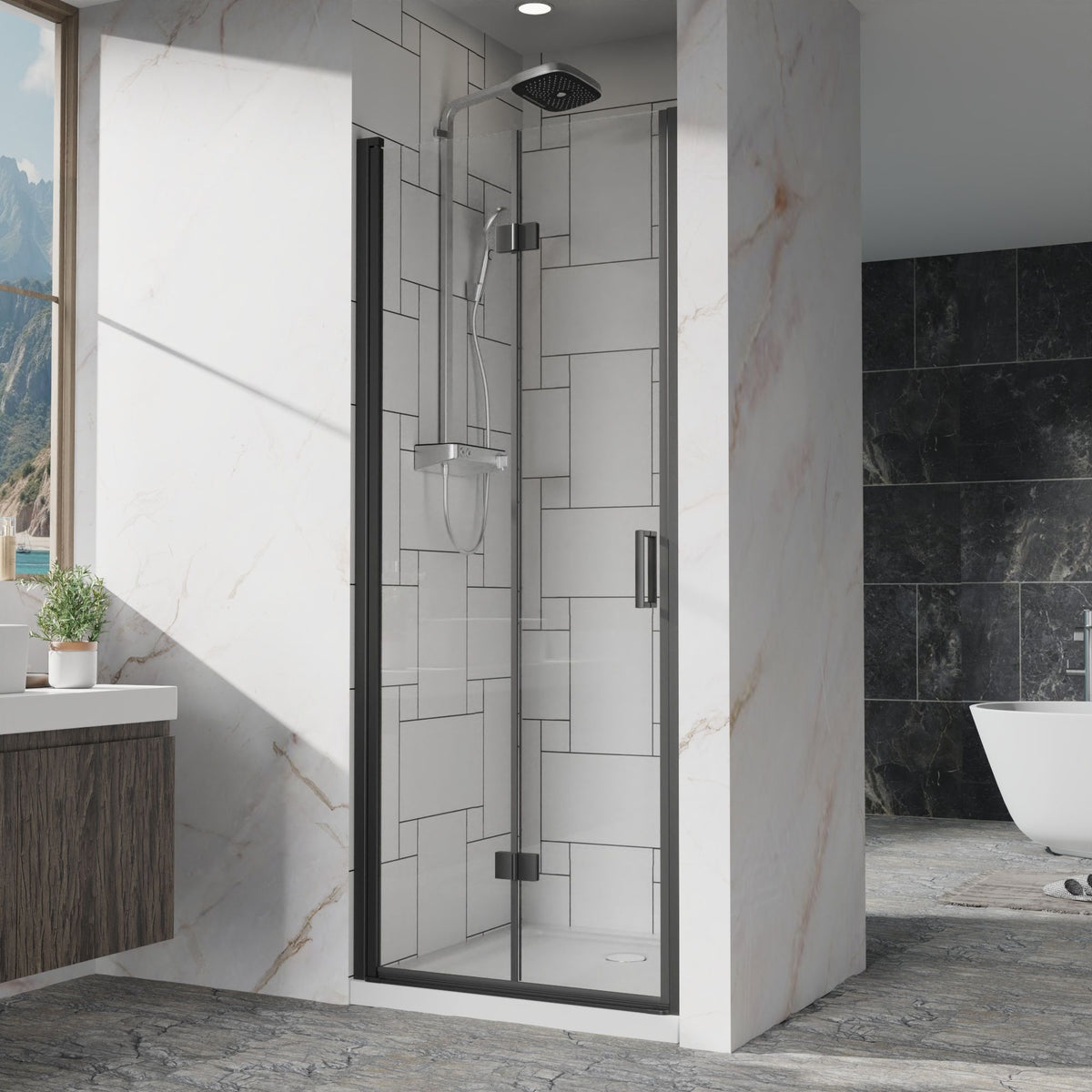 Bifold Frameless Shower Door with Tempered Clear Glass - Pearl Silver or Black