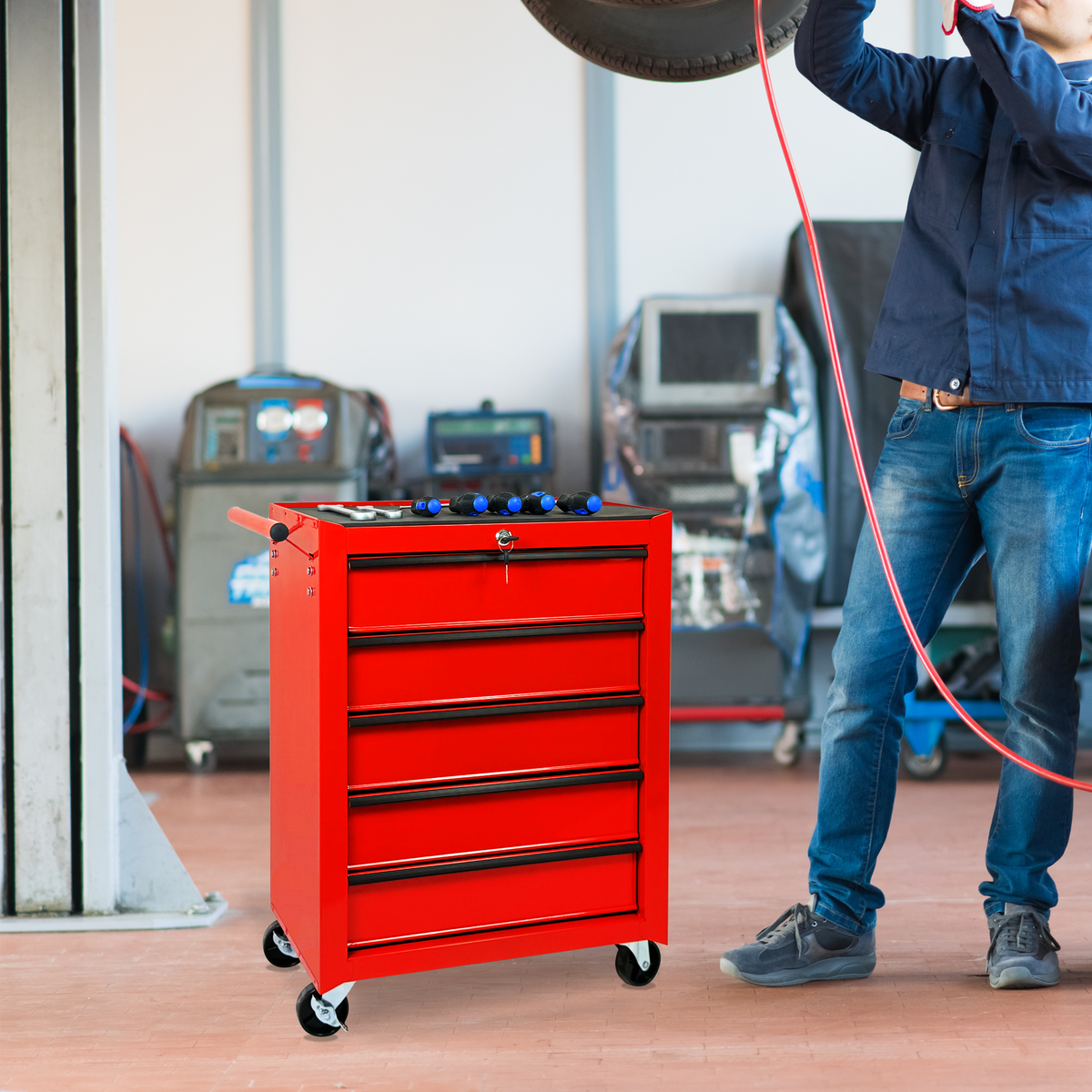 Rolling Metal Tool Chest with 5 Drawers - Red