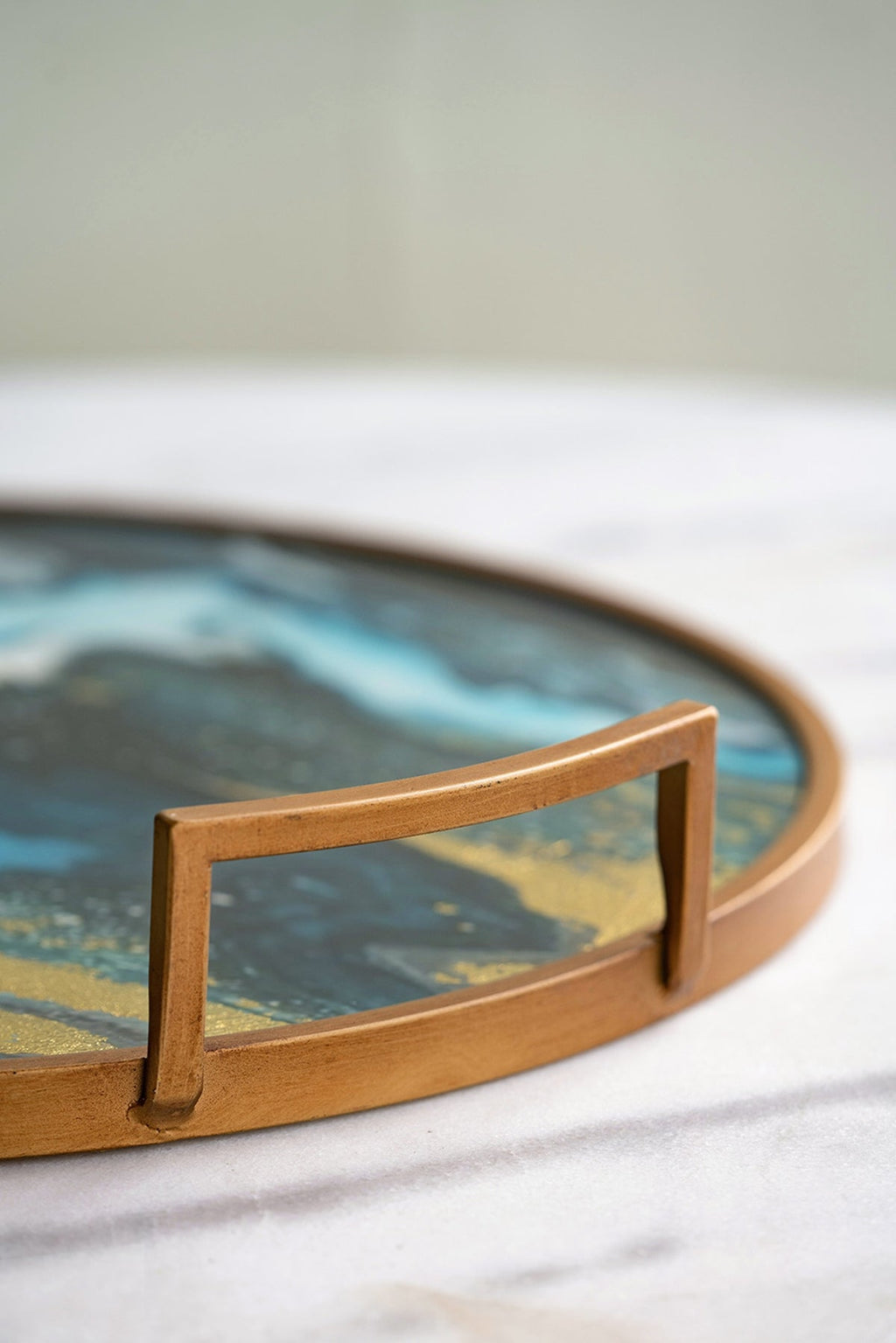Round Accent Mirrored Tray with Handles - Blue & Gold