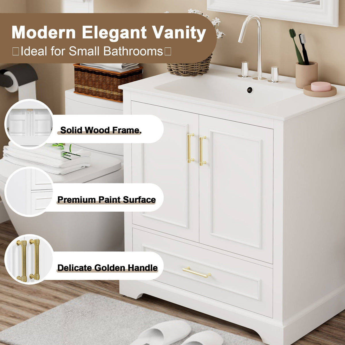 Bathroom Vanity with Sink and Soft Close Doors - White, Black, Green, or Gray