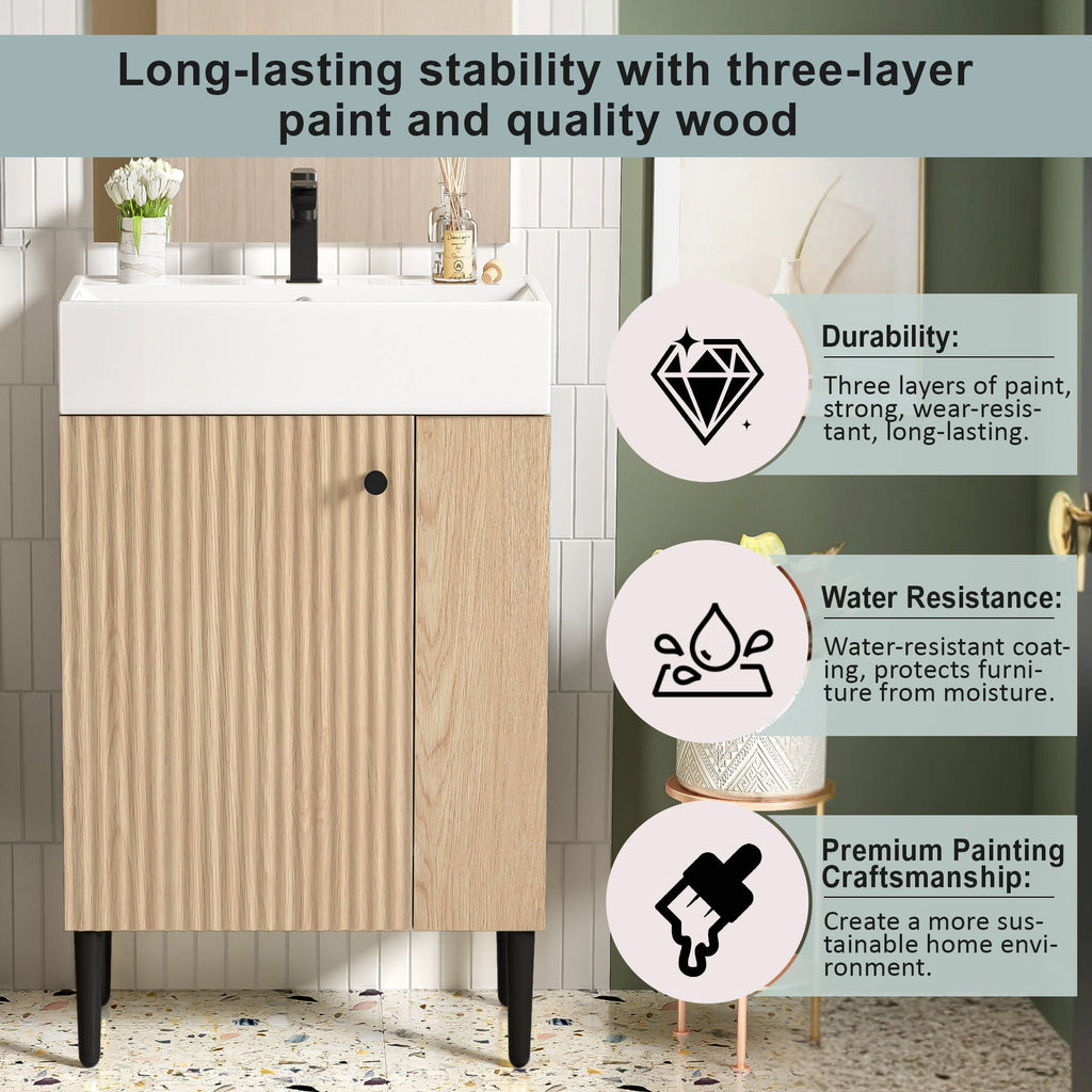 Bathroom Vanity with Single Ceramic Sink and Side Storage - Multiple Colors