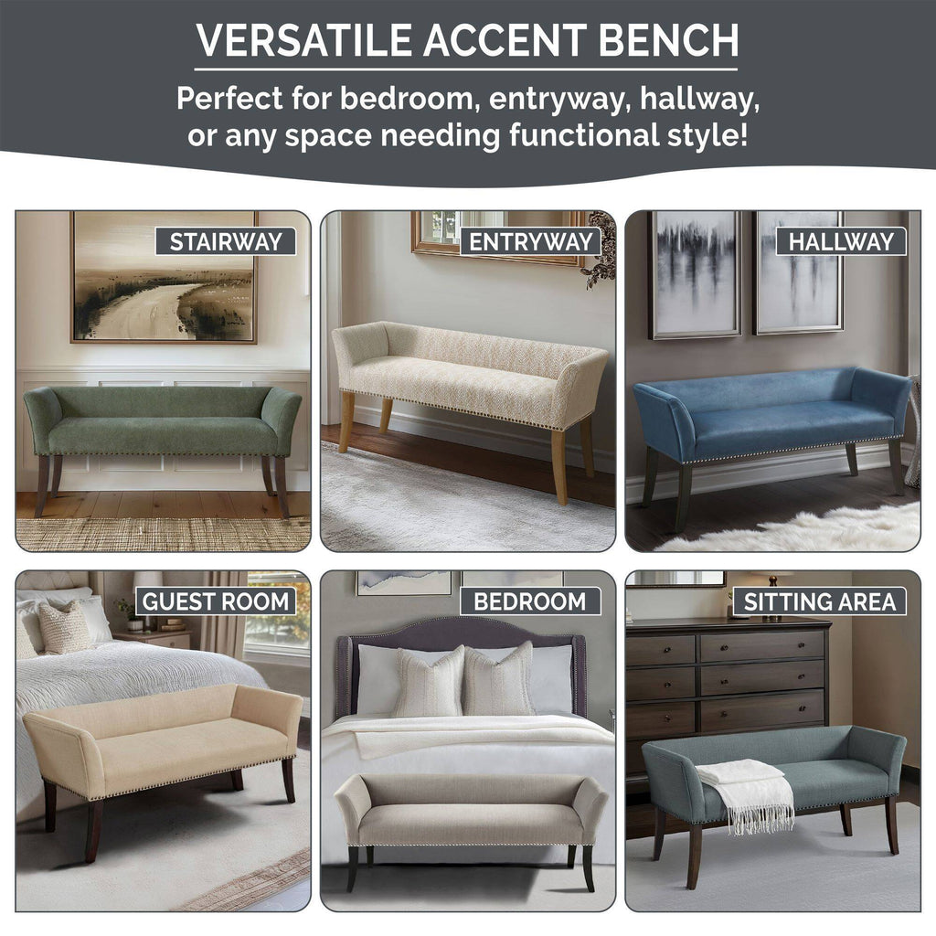 Welburn Upholstered Bench with Low Back and Flared Arms - Blue, Light Blue, or Beige