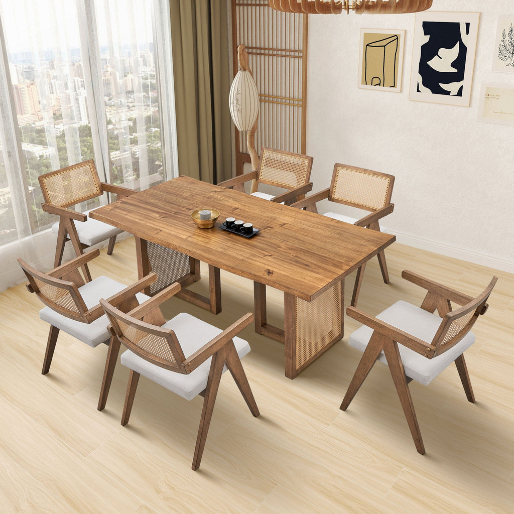 Oversize Rectangular Waves Dining Table with Rattan Weave - Natural Finish