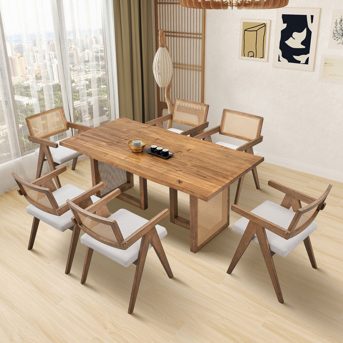 Oversize Rectangular Waves Dining Table with Rattan Weave - Natural Finish