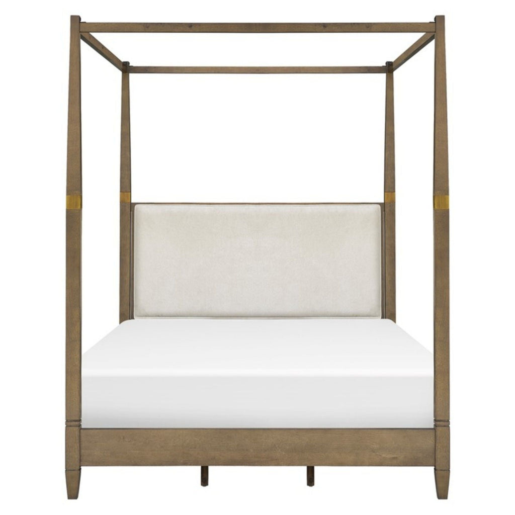 Queen Canopy Bed Frame with Upholstered Headboard - Brown