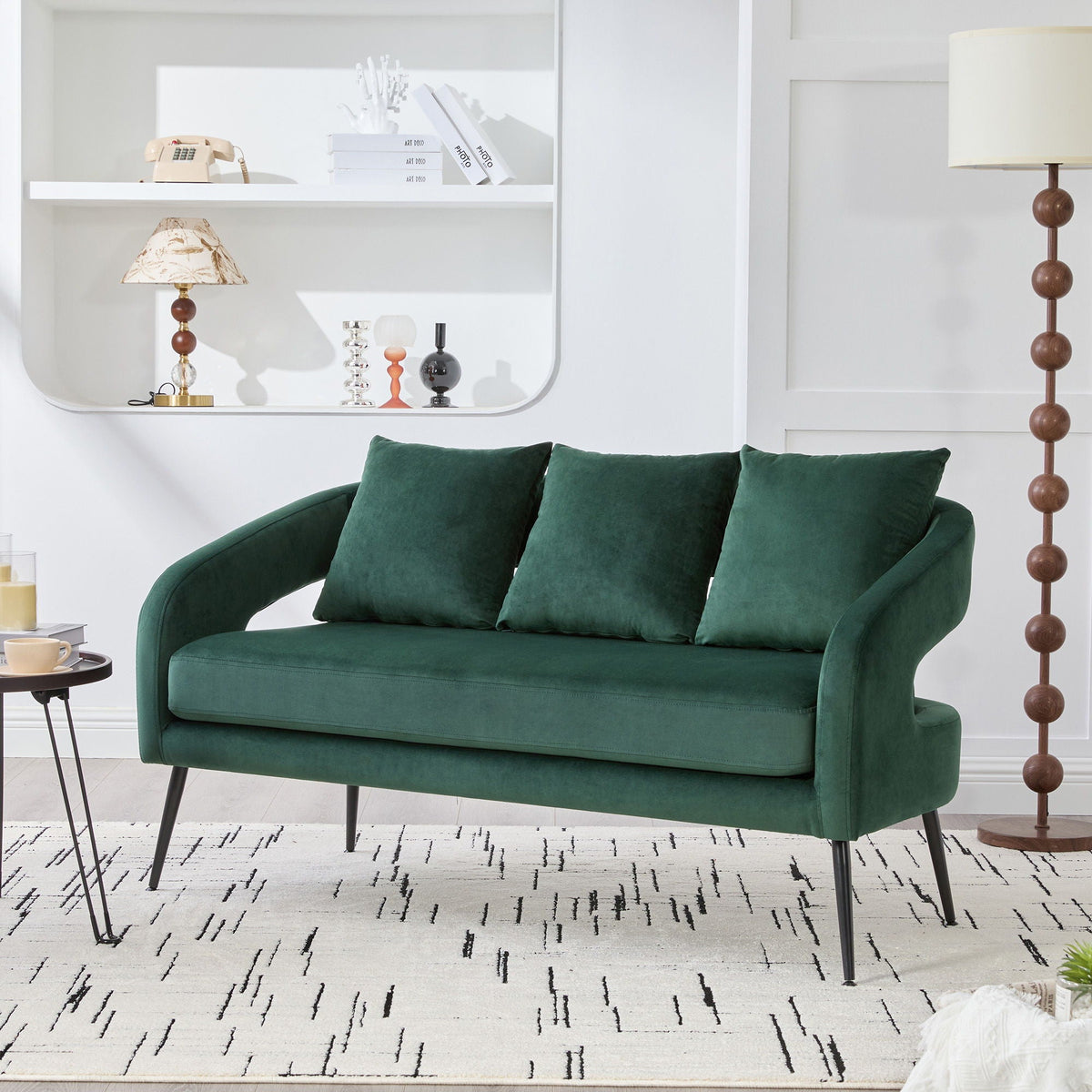 Open Back Loveseat Settee with 3 Pillows - Beige, Dark Green, or Dark Gray