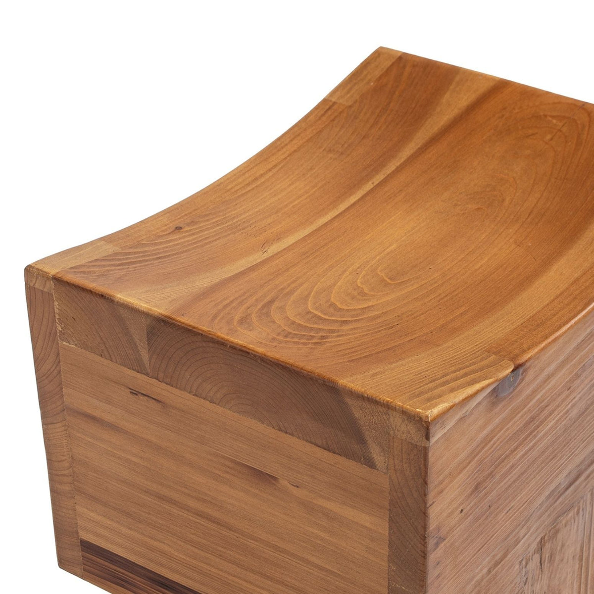 Brown Reclaimed Wood Stool Ottoman with Sculptural Saddle Seat