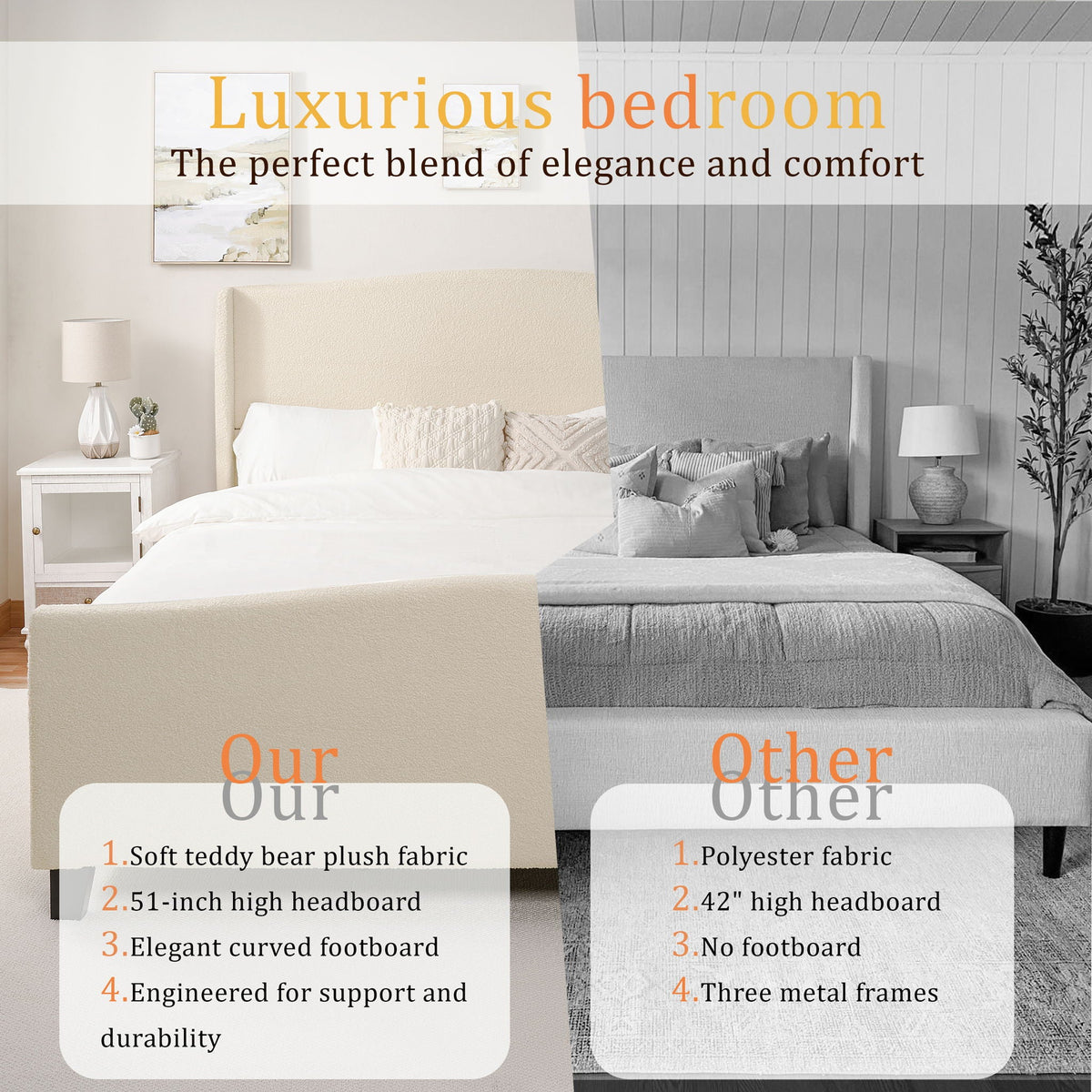Platform Bed Frame with Tall Headboard and High Footboard - White or Gray