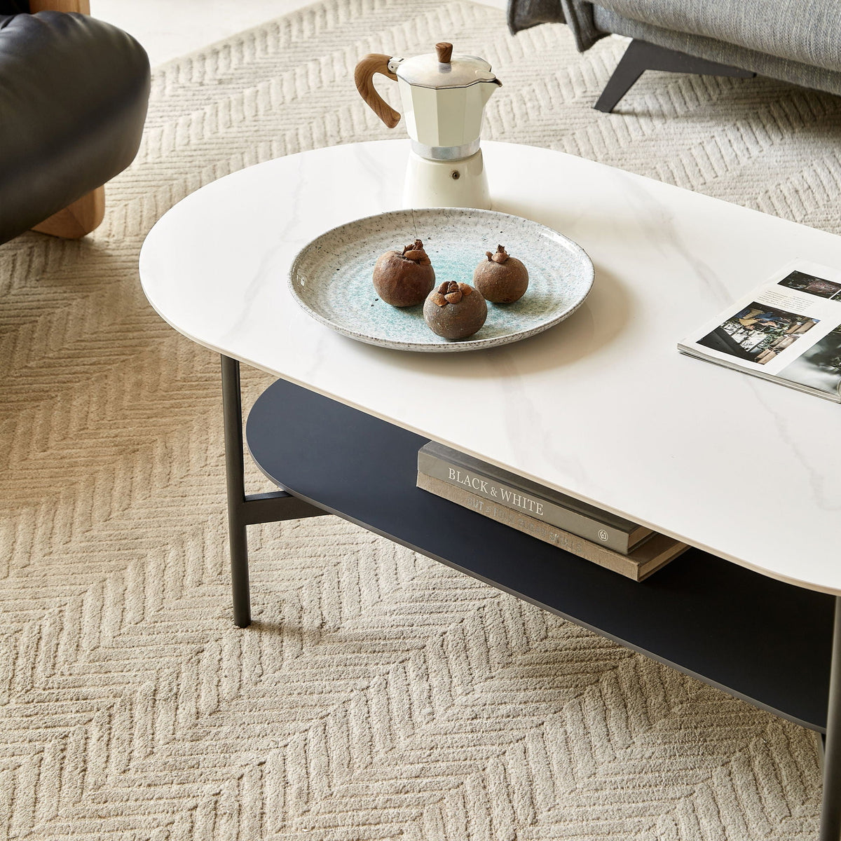 Contemporary Coffee Table with Sintered Stone Surface and Double Layer - White / Gray
