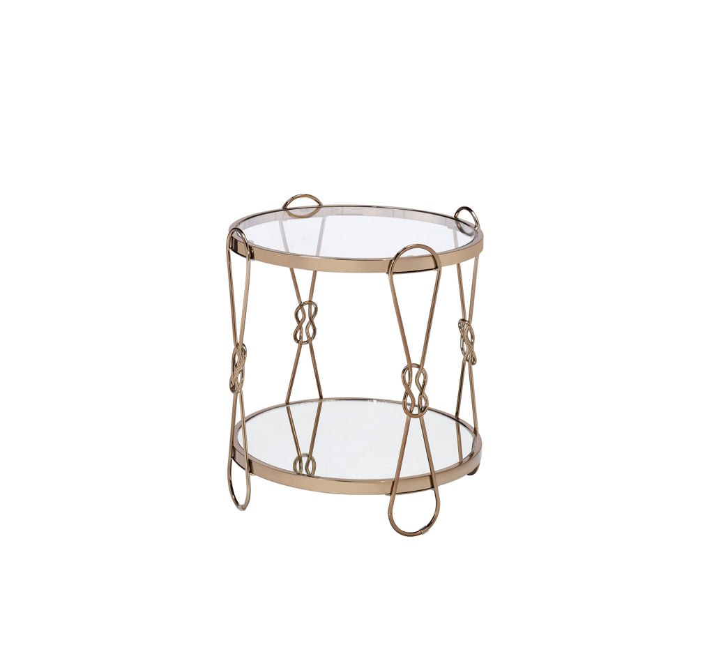 Mirrored End Table with Drum Design - Champagne Finish
