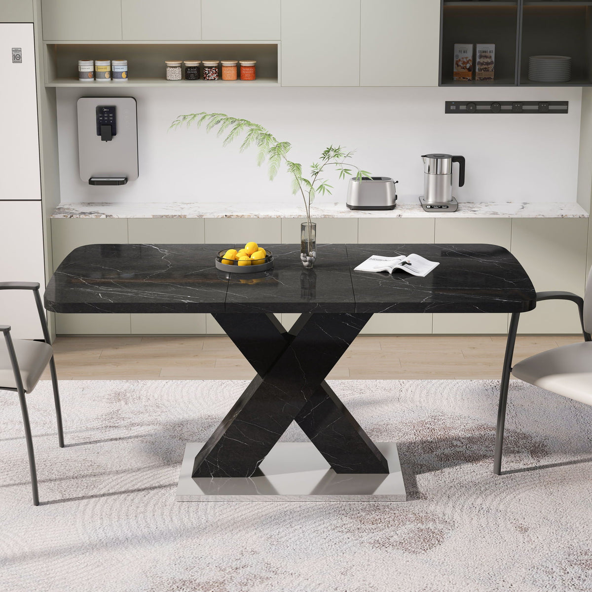 Modern Rectangle Dining Table with Stretchable Top and X Shape Legs - White or Black