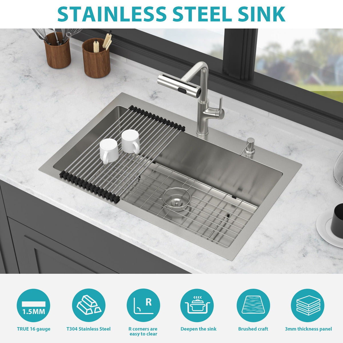 Brushed Nickel Drop-In Kitchen Sink with Pull-Out Faucet and Soap Dispenser - Gray