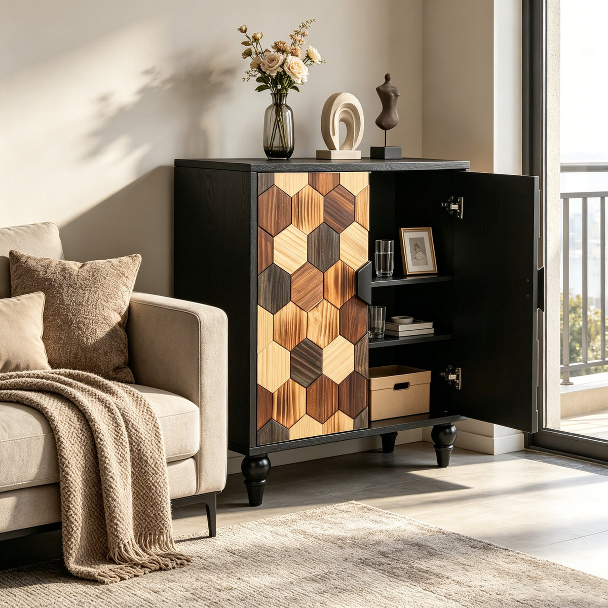 Modern Accent Cabinet with Honeycomb Pattern Doors - Antique Black or Brown