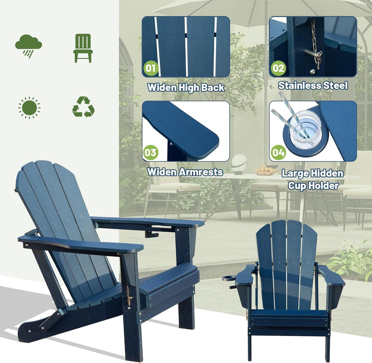 Foldable HDPE Adirondack Chair with Built-In Cup Holder - Dark Blue