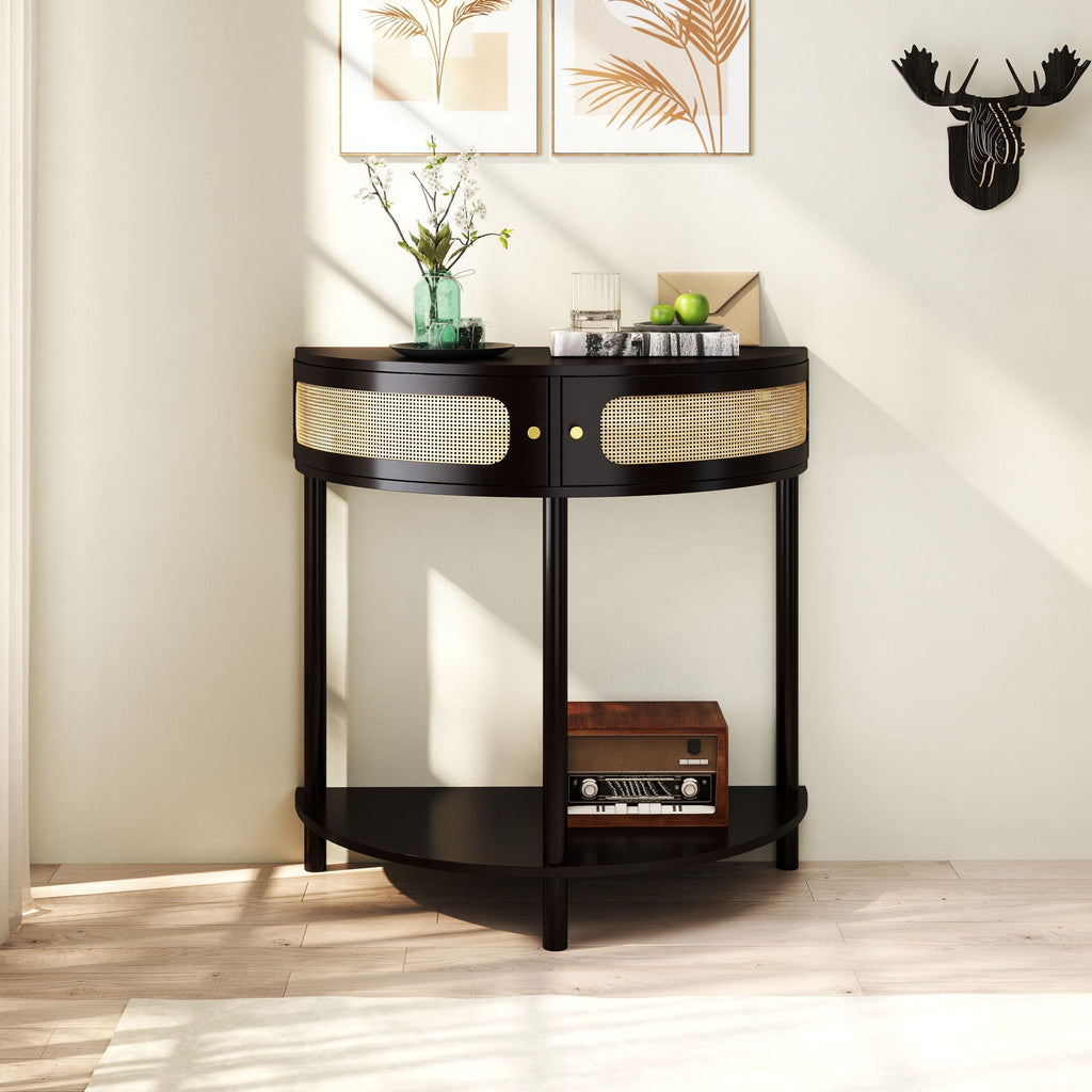 Boho Rattan Semi Circle End Table with Sliding Door and Storage - Black or Dark Green