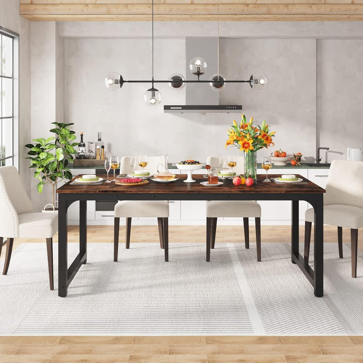 Rectangular Kitchen & Dining Room Table with Heavy-Duty Steel Frame - Brown / Black
