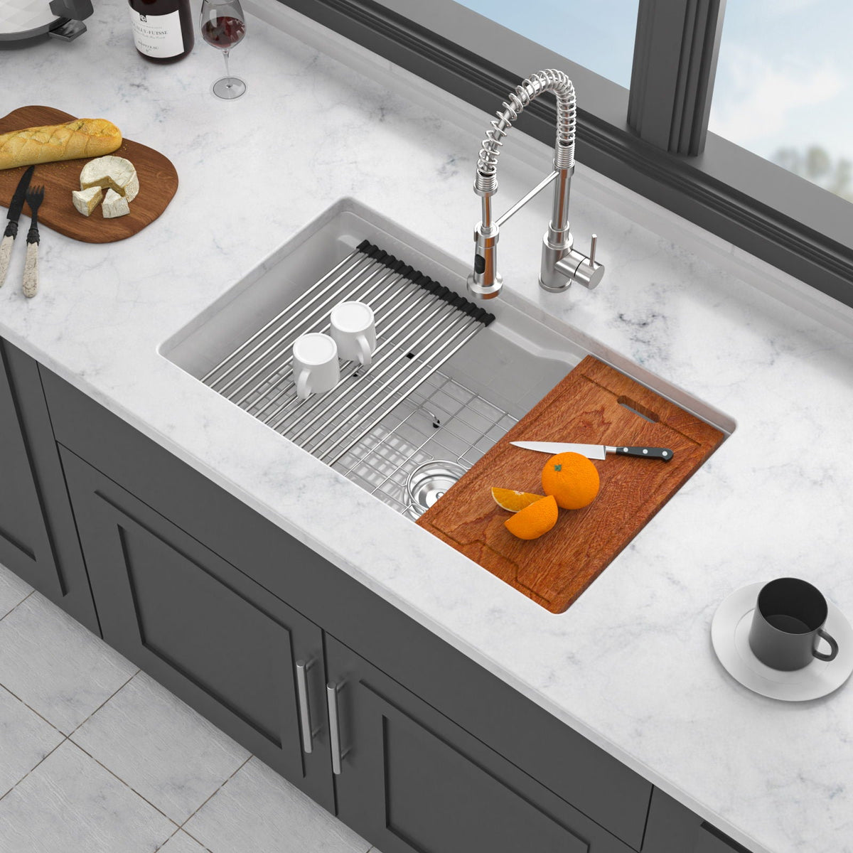 Porcelain Undermount Workstation Single Bowl Kitchen Sink – White