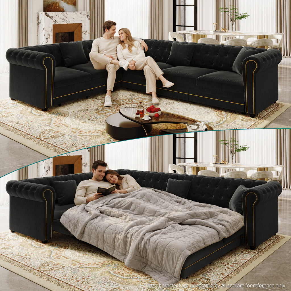 L-Shaped Sofa Couch with Pull-Out Bed - Black Velvet
