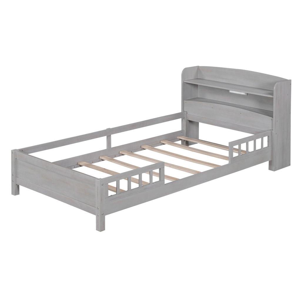 Wood Platform Storage Bed with LED Light & Storage Headboard - White or Dark Gray