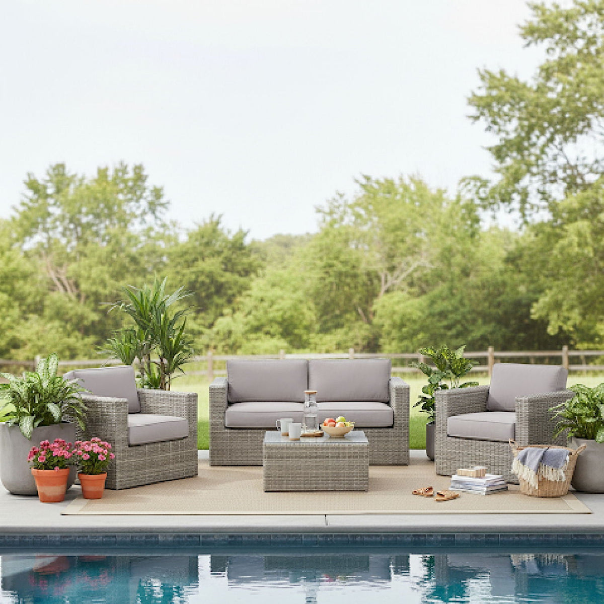 Wicker Outdoor Seating Group Set with Cushions and Table - Multiple Colors