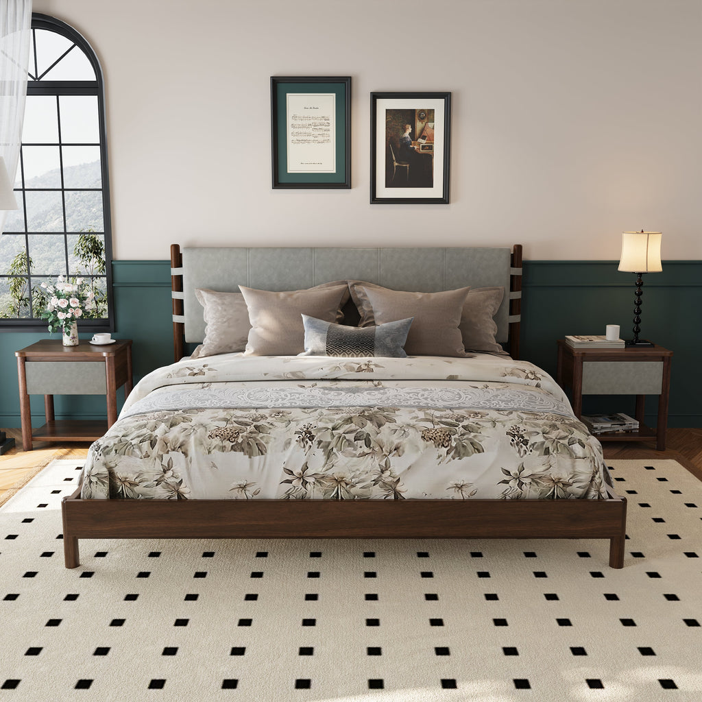 Modern King Bed Frame Set with 2 Nightstands - Wood Bedroom Set