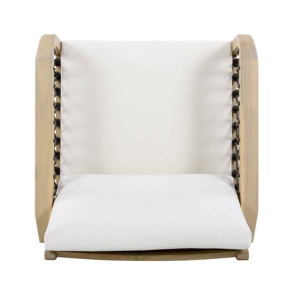 Outdoor Acacia Wood Club Chair with Handwoven Rope Armrests - Cream