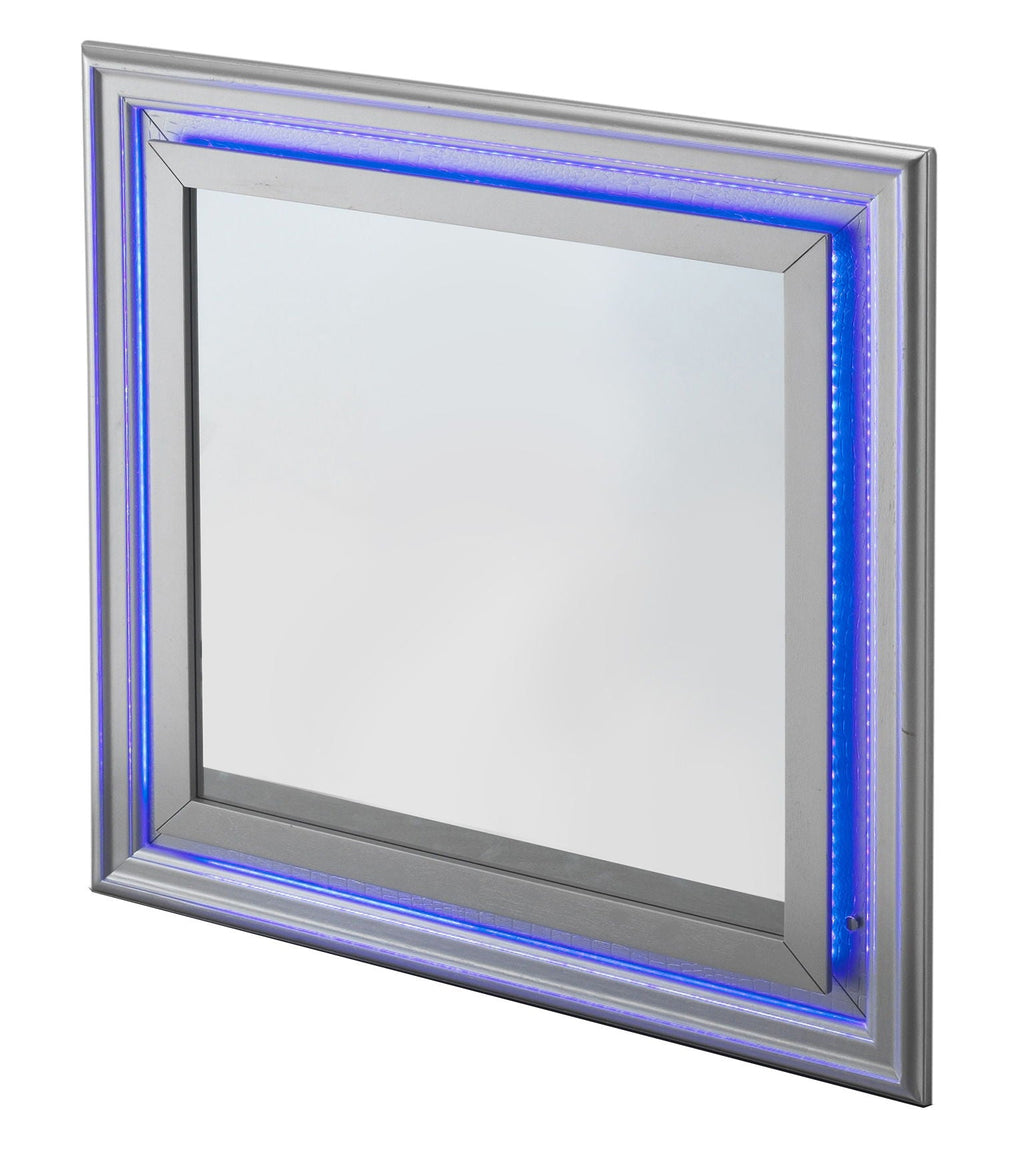 Elegant Transitional LED Mirror with Croc Textured Frame - Pearl Silver or Gray