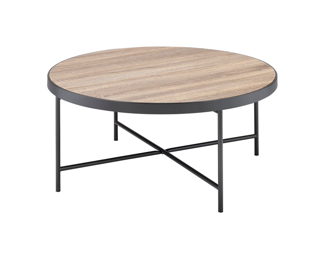 Weathered Round Coffee Table with Metal Trim - Oak