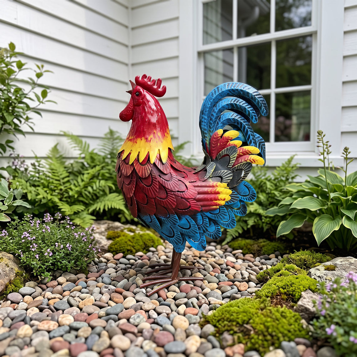 Wrought-Iron Rooster Garden Statue with Hand-Welded Detailing - Rustic