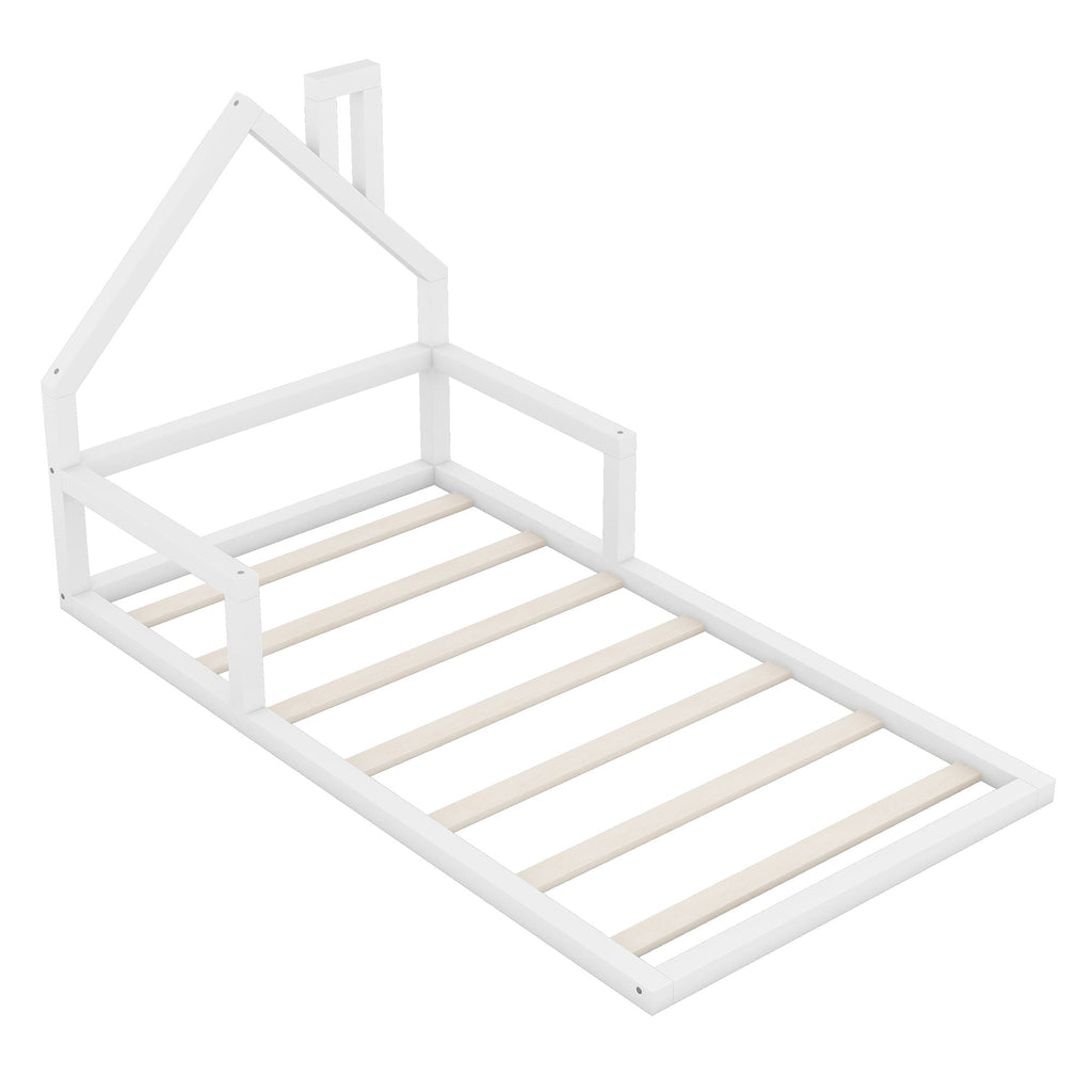 Floor Bed With House Shaped Headboard - Twin Size, Solid Pine - White or Light Brown