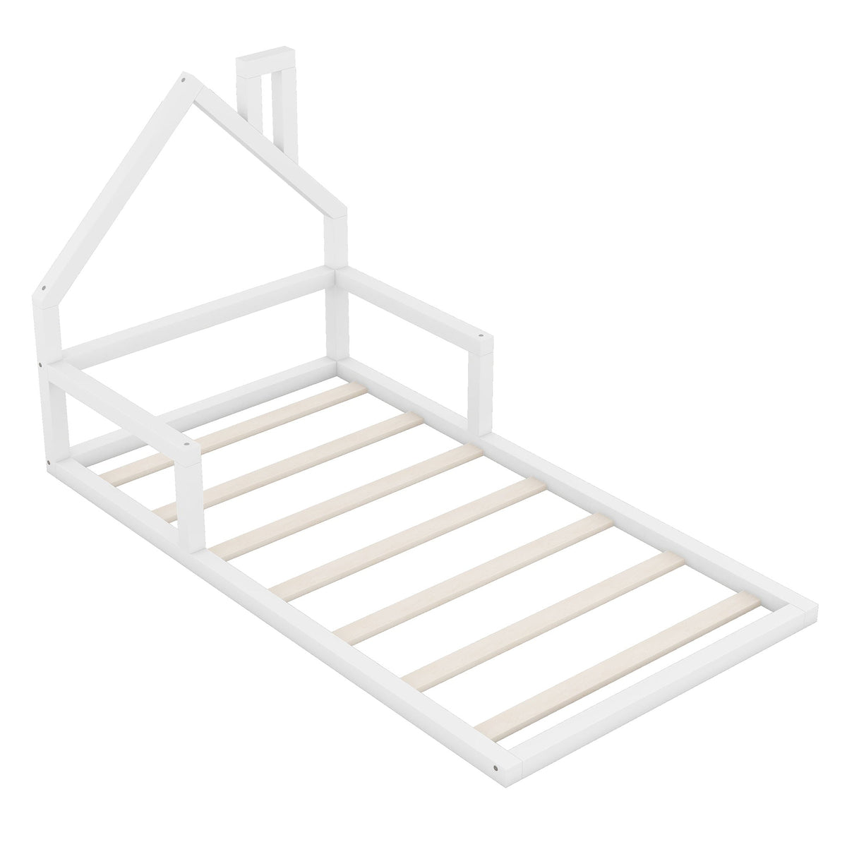 Floor Bed With House Shaped Headboard - Twin Size, Solid Pine - White or Light Brown