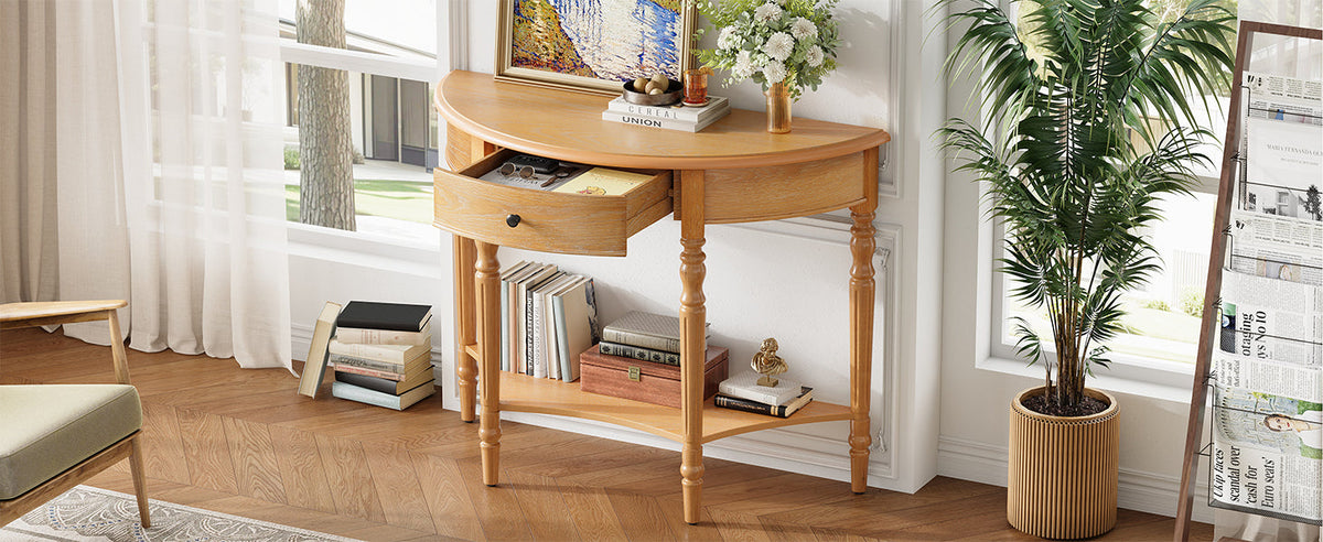 Farmhouse Half Moon Console Table with Drawer & Shelf - Rustic Finish