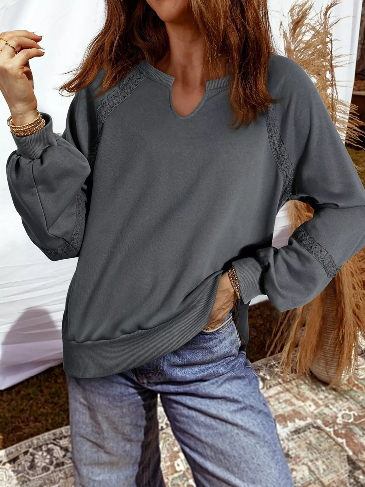 Lace Patchwork Detail Notched Mineral Wash Sweatshirt