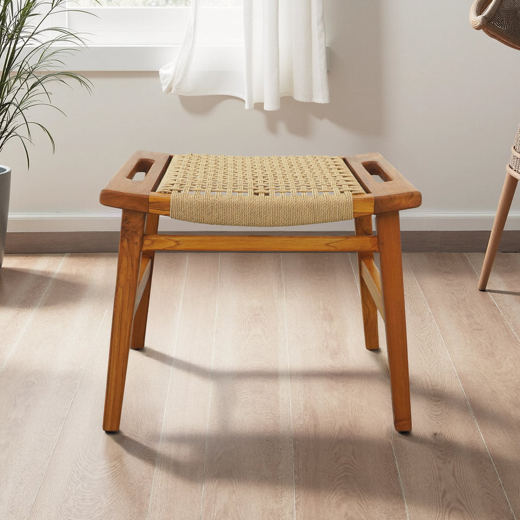 Rustic Solid Wood Loom Stool with Durable Paper Rope Seat - Natural
